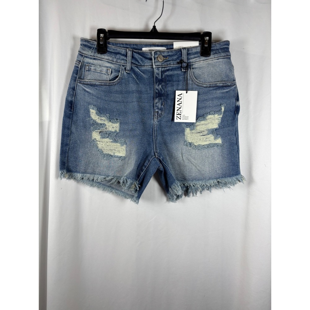 Zenana Womens High Rise Distressed Denim Shorts Frayed Hem Blue Size L NWT